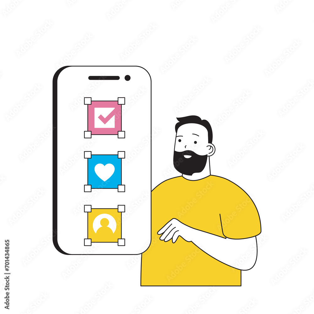 Design development concept with cartoon people in flat design for web. Man placing elements and images at mobile application layout. Vector illustration for social media banner, marketing material.