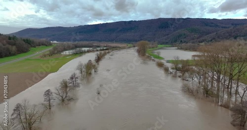 Drone video of the German river Main during a flood with flooded trees on the banks