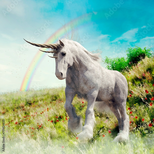 Fantasy scene with a white unicorn standing on a meadow with a rainbow in the background. Made from 3d elements and painted parts. No AI used. 