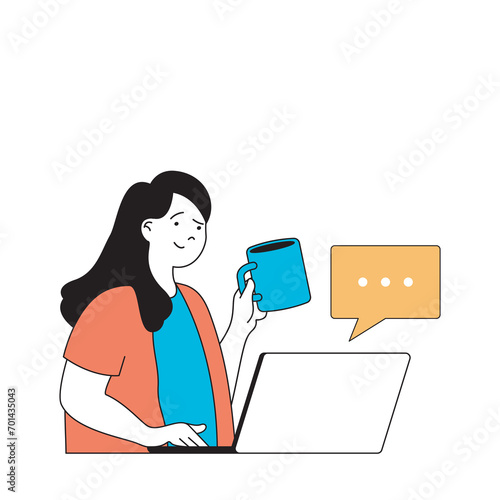 Social media concept with cartoon people in flat design for web. Woman networking, chatting with friends, posting and gets comments. Vector illustration for social media banner, marketing material.