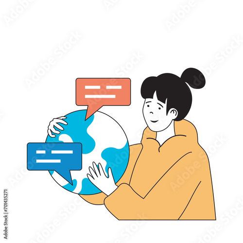 Social media concept with cartoon people in flat design for web. Woman sending and getting messages from distant friends online. Vector illustration for social media banner, marketing material.