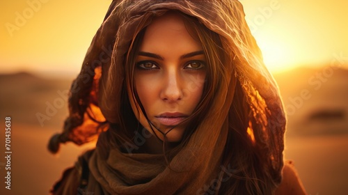 Beautiful portrait arabic girl in the afternoon in the desert. AI generated image