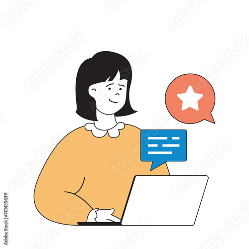 Social media concept with cartoon people in flat design for web. Woman answering messages and comments, getting stars and likes. Vector illustration for social media banner, marketing material.