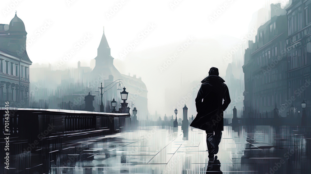 An illustration with a man walking along the streets of an old European city - obrazy, fototapety, plakaty 