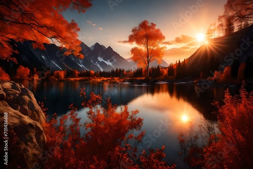 Visualize an Autumn sunrise over mountains that transcends reality, a scene where the perfect lighting paints a picture 