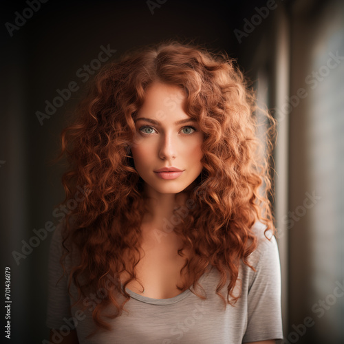 A woman de with red curly hair standing in a hallway, a character portrait enchanting © Sergio