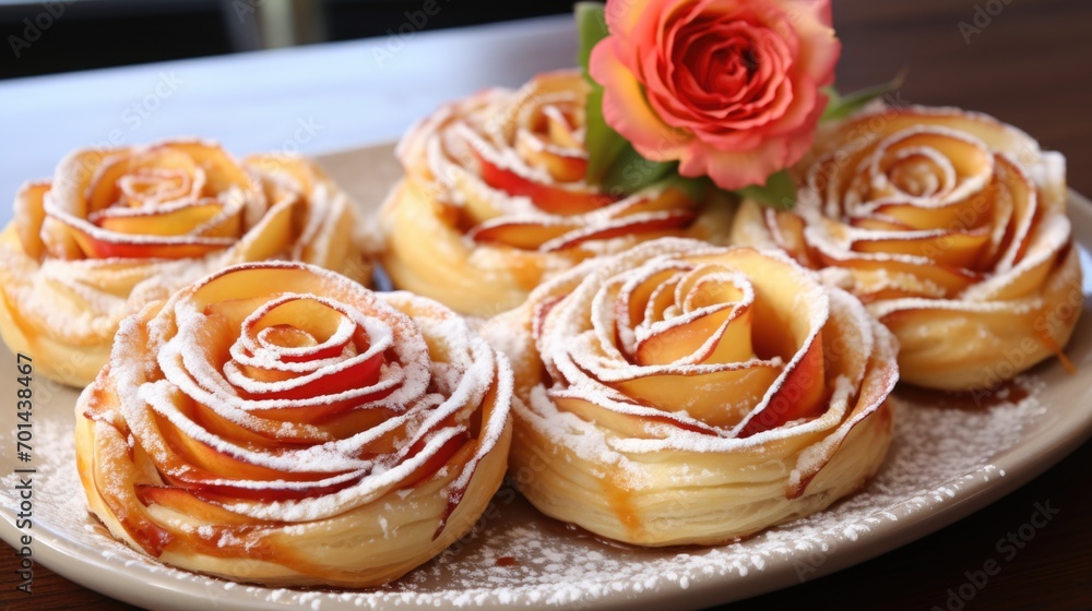 A white plate topped with pastries covered in powdered sugar. Valentine's day desserts. A white plate topped with pastries covered in powdered sugar. Valentine's day desserts.