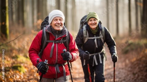 Couple old people are taking a leisurely walking together in nature outdoor. AI generated image