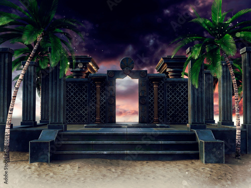 Fantasy scene with ruins of a dark temple surrounded by palm trees. Made from 3d elements and painted parts. No AI used. 