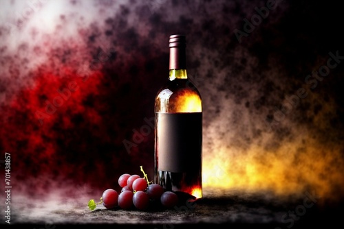 bottle and glass of red wine with grapes on a dark background