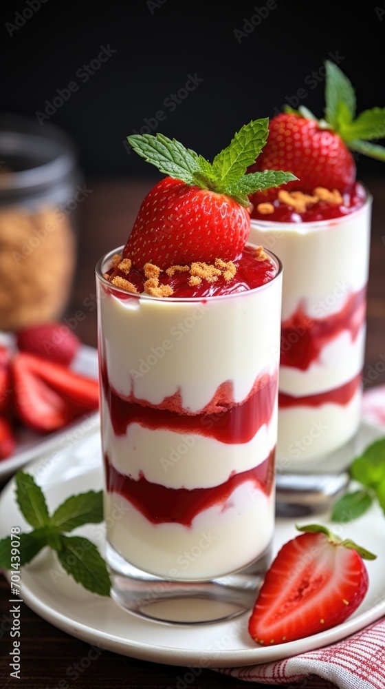 Two glasses of dessert with strawberries on a plate. Valentine's day desserts. Two glasses of dessert with strawberries on a plate. Valentine's day desserts.