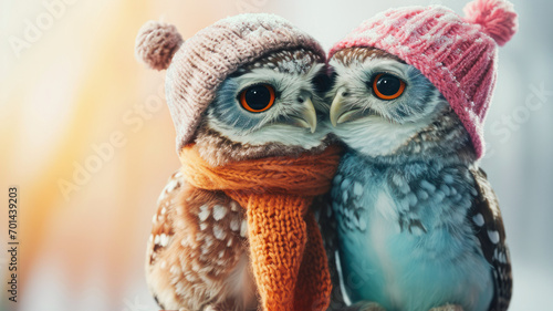 Two cute owls cuddle, symbolizing love with pastel tones and a creative, lively animal concept. Ideal for Valentine's Day, portraying a small owl couple representing pet affection. photo