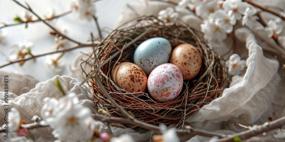 A nest filled with three eggs sitting on top of a table. Natural traditional low impact eco friendly Easter decor A nest filled with three eggs sitting on top of a table. Natural traditional low impact eco friendly Easter decor