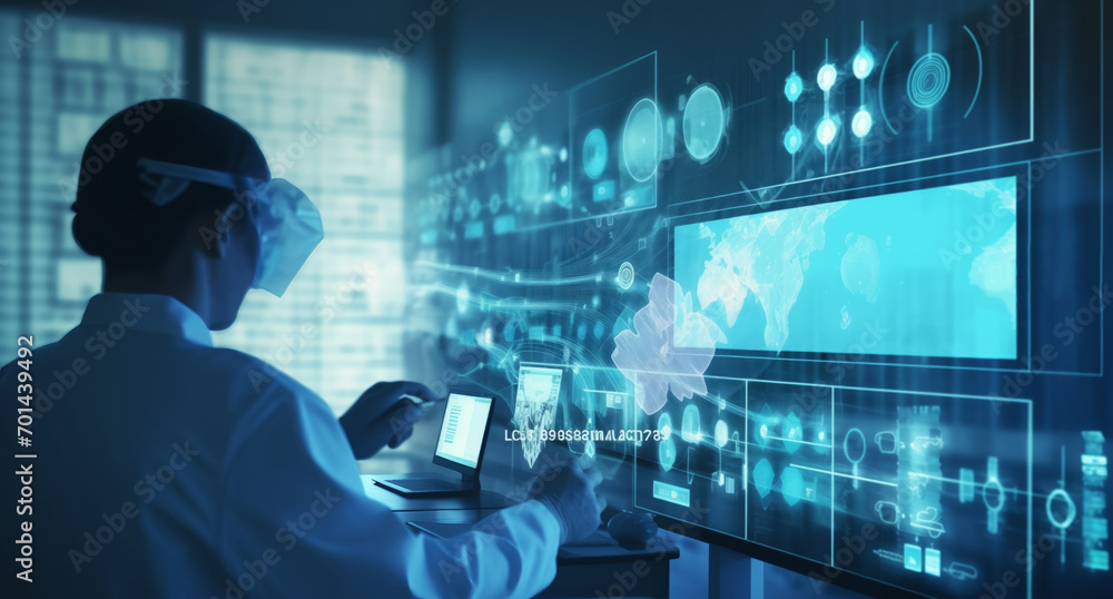 Scientist Analyzing Genetic Data on Futuristic Interface in Laboratory Scientist Analyzing Genetic Data on Futuristic Interface in Laboratory