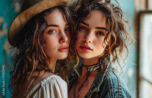 Two beautiful girls in country style, standing embraced, exchanging tender moments of love. The magic of love comes alive in this idyllic moment, perfect for Valentine's Day. © mimi