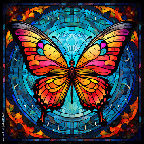 Adorable stained glass image frame design with butterfly in the middle. Generative AI