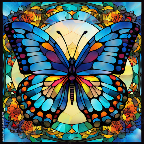 Adorable stained glass image frame design with butterfly in the middle. Generative AI