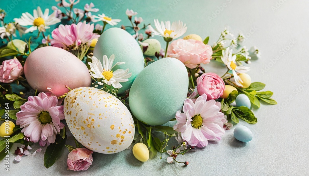 Happy Easter composition with vibrant decorated eggs on pastel background.