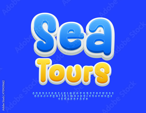 Vector bright flyer Sea Tours. Playful Blue Font. Modern handwritten Alphabet Letters and Numbers set.