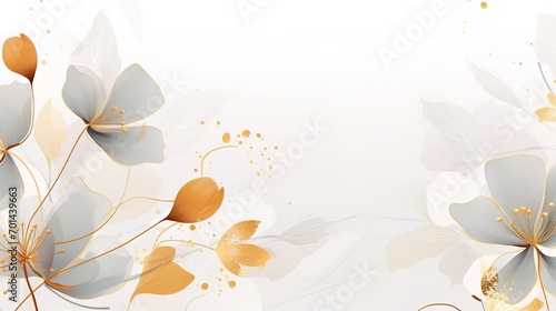 Abstract art background vector. Luxury minimal style wallpaper with golden line art flower and botanical leaves, Organic shapes, Watercolor. Vector background for banner, poster, Web. Generative Ai