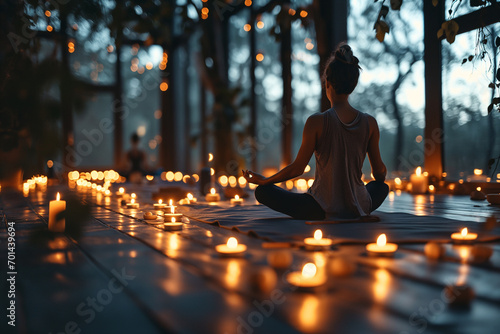 A tranquil moment as a young woman engages in a gentle yoga pose amid soft candlelight creating a serene meditation scene. Ai generated photo