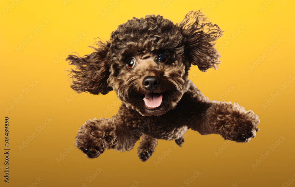 Against the yellow backdrop, a captivating brown poodle joyfully leaps, expressing its vivacity and delight
Against the yellow backdrop, a captivating brown poodle joyfully leaps, expressing its vivacity and delight