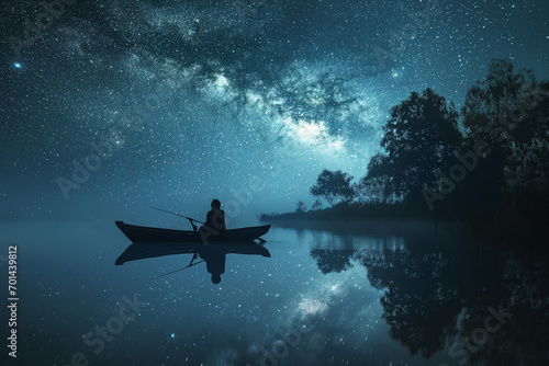 A stunning image of a lone fisherman casting in tranquil waters beneath a starry night sky. Ai generated