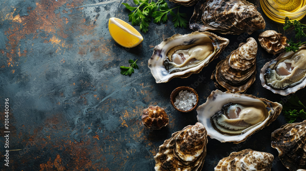 Top view flat lay of various kinds of oyster on the table with copy space. Top view flat lay of various kinds of oyster on the table with copy space.