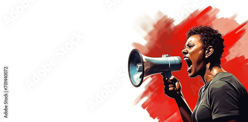 Side profile view of a black African-America woman shouting through a loudspeaker with red graphic design isolated against pure white background - Generative AI - advertising poster for broadcast text photo
