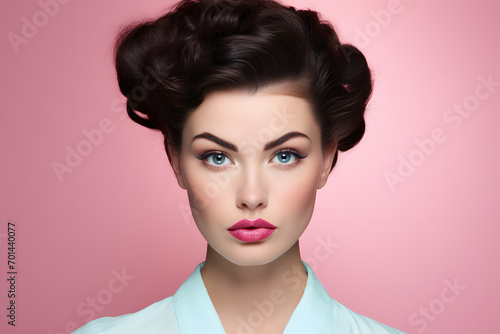 Face of young woman with hair in 50s hairstyle updo in front of pastel background