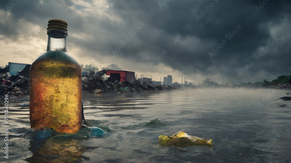 Water pollution an environmental disaster concept. Dirty polluted water with garbages. AI generated image Water pollution an environmental disaster concept. Dirty polluted water with garbages. AI generated image