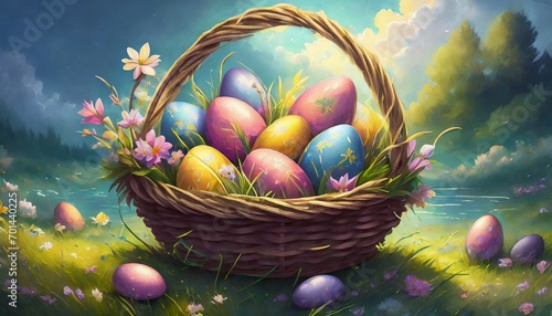 Oil painted illustration of Easter eggs in basket. Beautiful landscape. Spring holiday