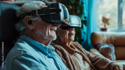 Elderly patients are being consulted by a psychologist. Patients wear virtual reality glasses to deal with anxiety