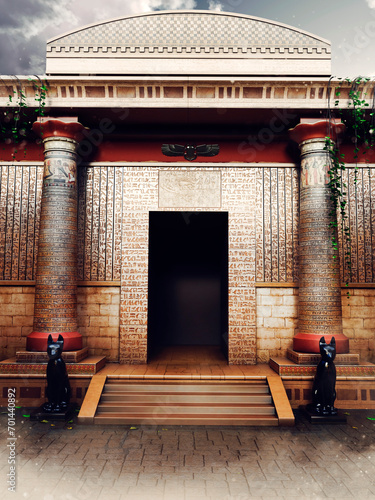 Fantasy scene with the entrance to an ancient Egyptian temple, with columns and Bast statues. Made from 3d elements and painted parts. No AI used. 