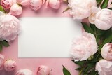 white paper blank postcard mockup with purple peony flowers and petals on a pink peach light plain background. birthday wedding template festive composition