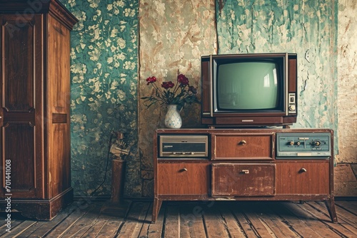 Vintage TV against the wall. Retro style.