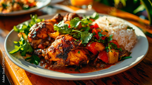 A traditional dish is chicken stewed in Belizean close-up. Restaurant serving.