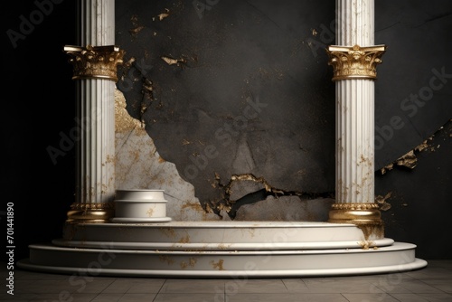 round multistage podium with gold-plated Greek pillars for the presentation of luxury products. stone rome stand with glowing light arch and ancient marble columns. dark background