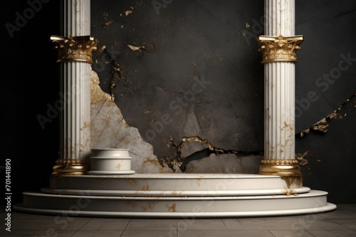 round multistage podium with gold-plated Greek pillars for the presentation of luxury products. stone rome stand with glowing light arch and ancient marble columns. dark background photo