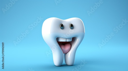 Tooth character with smile isolated on blue background