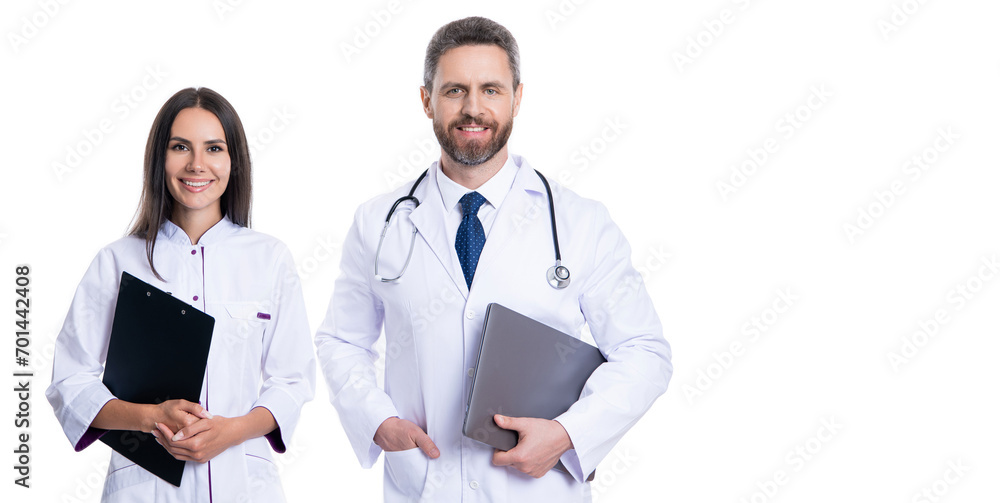 professional physician with internist. medicine and healthcare. doctor at hospital. two doctor hold medical prescription. doctor and nurse with clipboard isolated on white. online service professional physician with internist. medicine and healthcare. doctor at hospital. two doctor hold medical prescription. doctor and nurse with clipboard isolated on white. online service