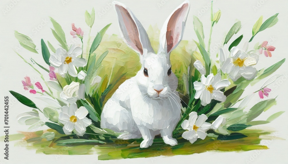 Oil painted illustration of cute white Easter bunny in nature.