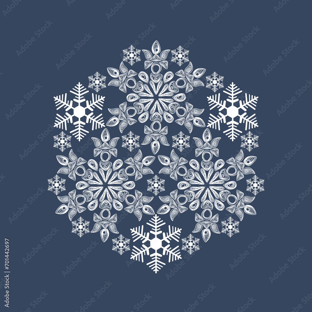 Author's design of white hexagonal vector snowflake on blue background Author's design of white hexagonal vector snowflake on blue background