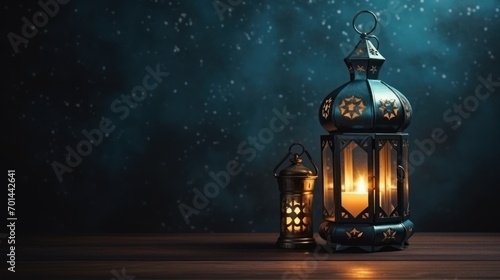 A traditional glowing lantern during Ramadan Kareem on abstract background. AI generated image