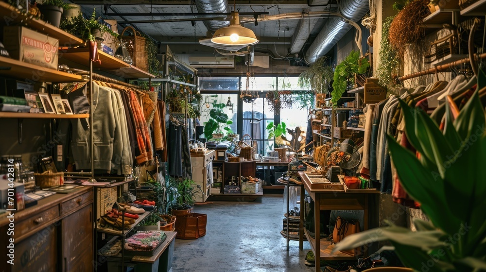 Old shop of vintage clothes and items surrounded by house plants