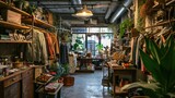 Old shop of vintage clothes and items surrounded by house plants