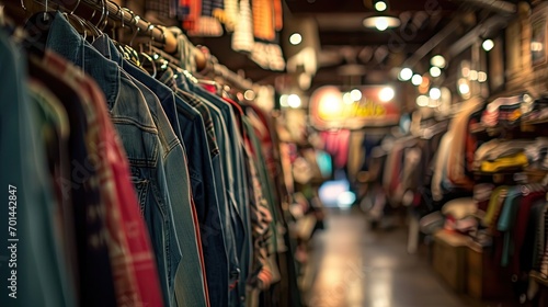 Clothing shop in shopping mall, defocused background with bokeh