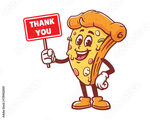 Pizza with thank you sign board cartoon mascot illustration character vector clip art hand drawn