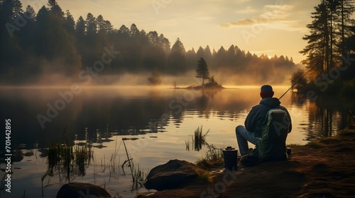 Man Sitting by Lake, Fishing, Relaxing Waterside Activity, Tranquil Fishing Scene, Peaceful Lake Setting, Outdoor Leisure