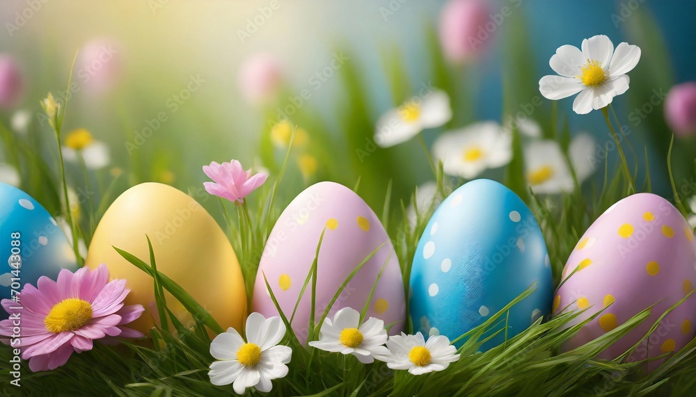 Happy Easter composition with vibrant decorated eggs, spring flowers, natural background.